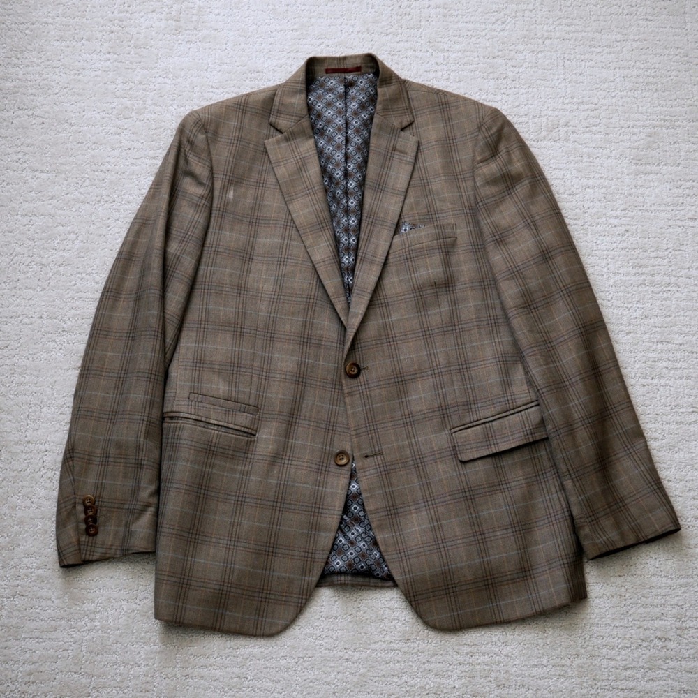 Johnston & Murphy Men Brown Glen Plaid Silk Wool Blend Blazer Sport Coat 49-1328